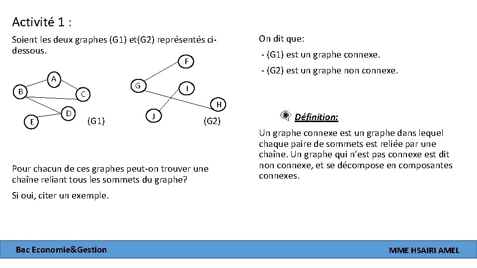 Activité 1 : Soient les deux graphes (G 1) et(G 2) représentés cidessous. F