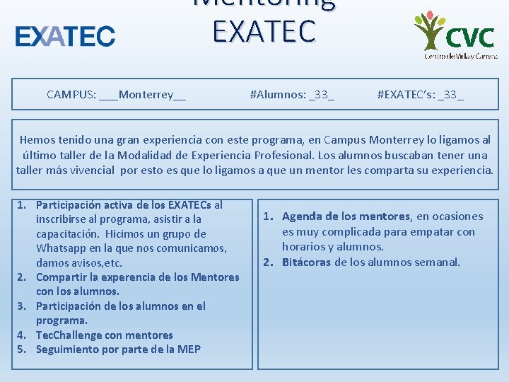 Mentoring EXATEC CAMPUS: ___Monterrey__ #Alumnos: _33_ #EXATEC’s: _33_ Hemos tenido una gran experiencia con