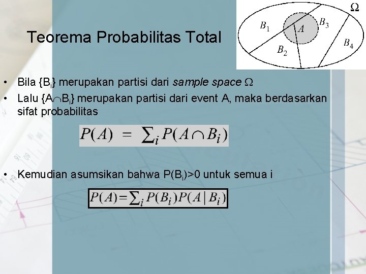 Teorema Probabilitas Total • Bila {Bi} merupakan partisi dari sample space • Lalu {A