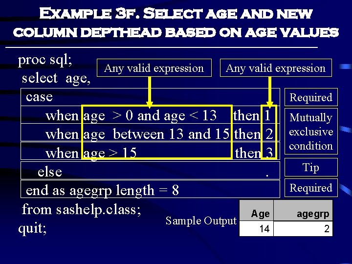 Example 3 f. Select age and new column depthead based on age values proc Example 3 f. Select age and new column depthead based on age values proc