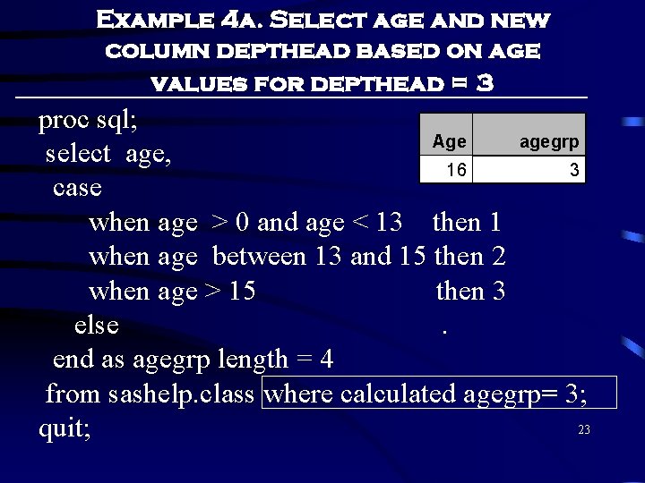 Example 4 a. Select age and new column depthead based on age values for Example 4 a. Select age and new column depthead based on age values for