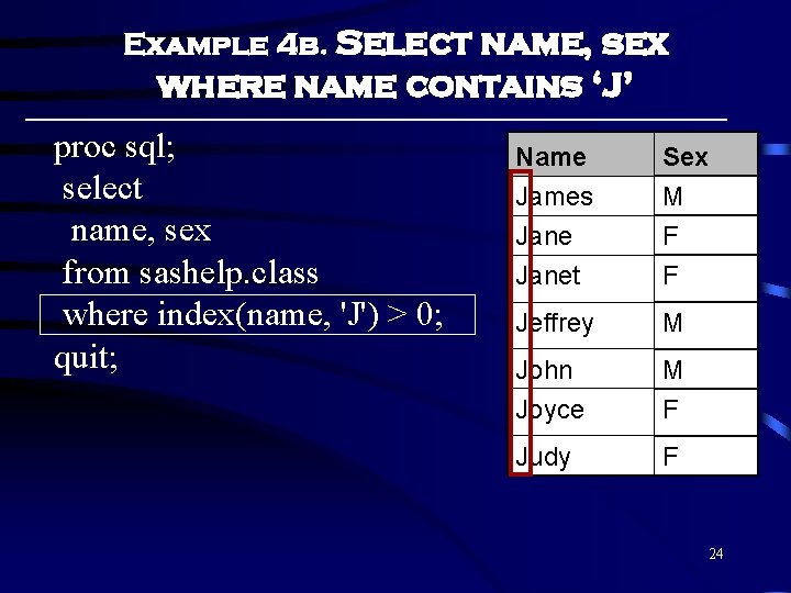 Example 4 b. Select name, sex where name contains ‘J’ proc sql; select name, Example 4 b. Select name, sex where name contains ‘J’ proc sql; select name,
