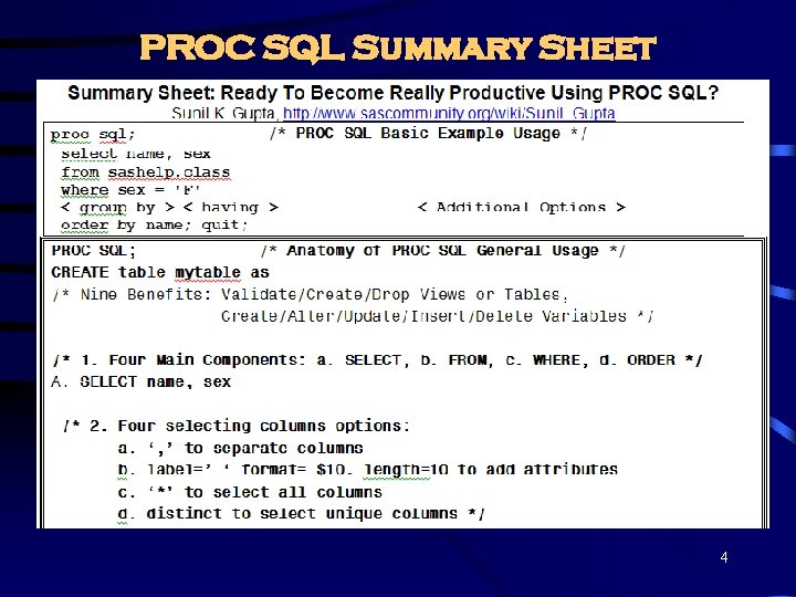 PROC SQL Summary Sheet 4 PROC SQL Summary Sheet 4