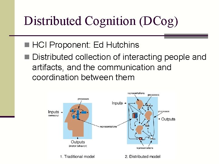 Distributed Cognition (DCog) n HCI Proponent: Ed Hutchins n Distributed collection of interacting people