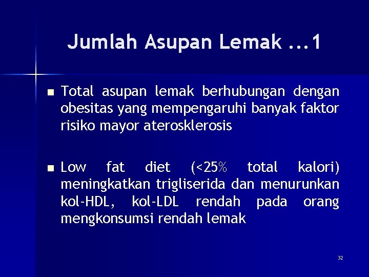 Jumlah Asupan Lemak. . . 1 n Total asupan lemak berhubungan dengan obesitas yang