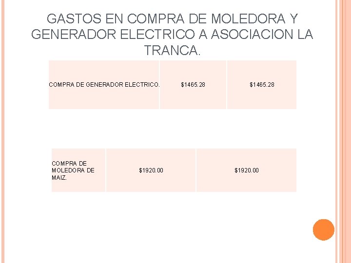 GASTOS EN COMPRA DE MOLEDORA Y GENERADOR ELECTRICO A ASOCIACION LA TRANCA. COMPRA DE