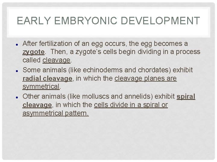 EARLY EMBRYONIC DEVELOPMENT After fertilization of an egg occurs, the egg becomes a zygote.