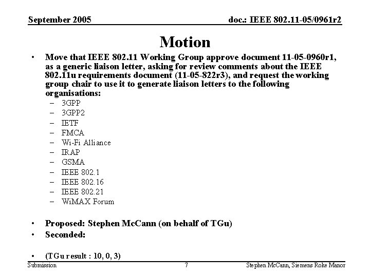 September 2005 doc. : IEEE 802. 11 -05/0961 r 2 Motion • Move that