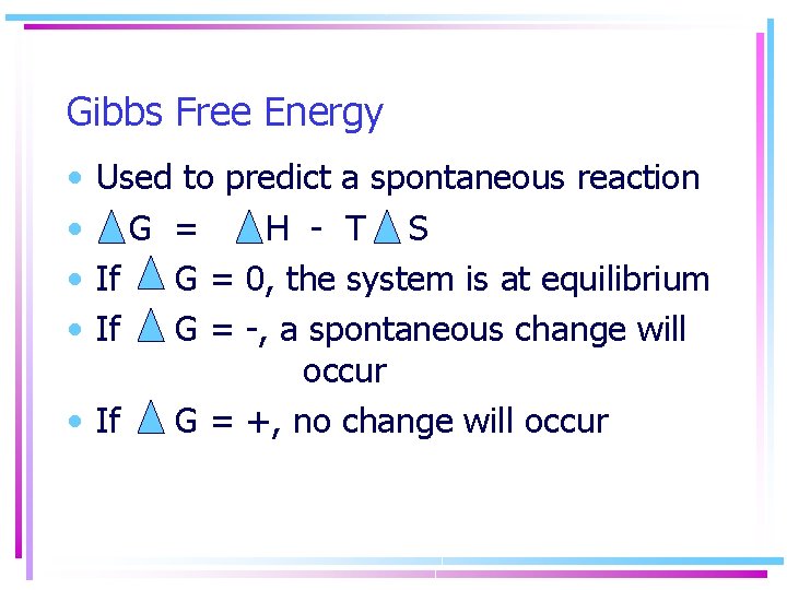 Gibbs Free Energy • Used to predict a spontaneous reaction • G = H