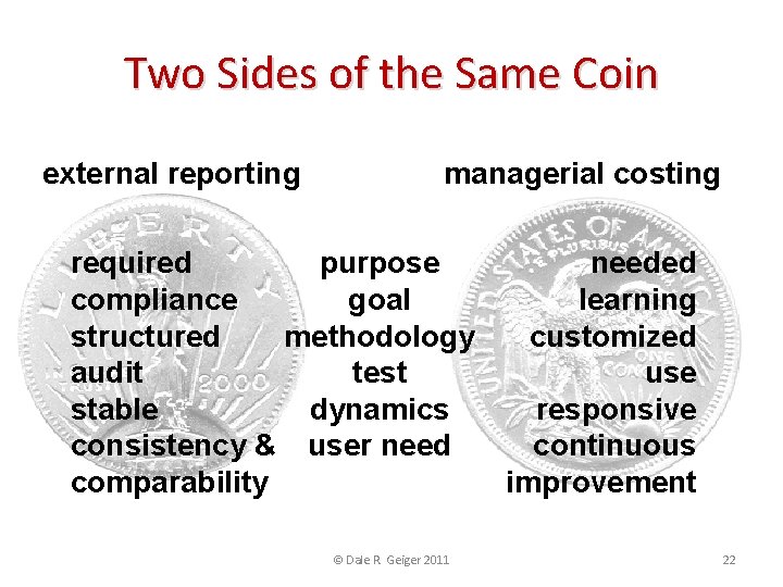 Two Sides of the Same Coin external reporting managerial costing required purpose compliance goal