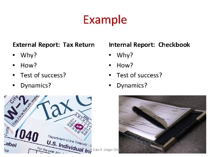 Example External Report: Tax Return • • Why? How? Test of success? Dynamics? Internal