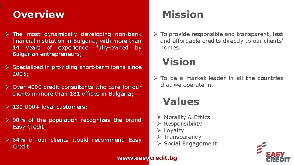Overview Mission Ø The most dynamically developing non-bank financial institution in Bulgaria, with more
