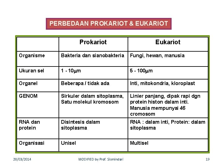 PERBEDAAN PROKARIOT & EUKARIOT Prokariot Eukariot Organisme Bakteria dan sianobakteria Fungi, hewan, manusia Ukuran