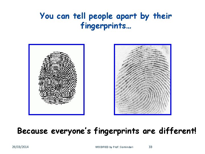 You can tell people apart by their fingerprints… Because everyone’s fingerprints are different! 28/03/2014