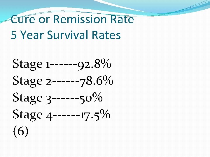 Cure or Remission Rate 5 Year Survival Rates Stage 1 ------92. 8% Stage 2