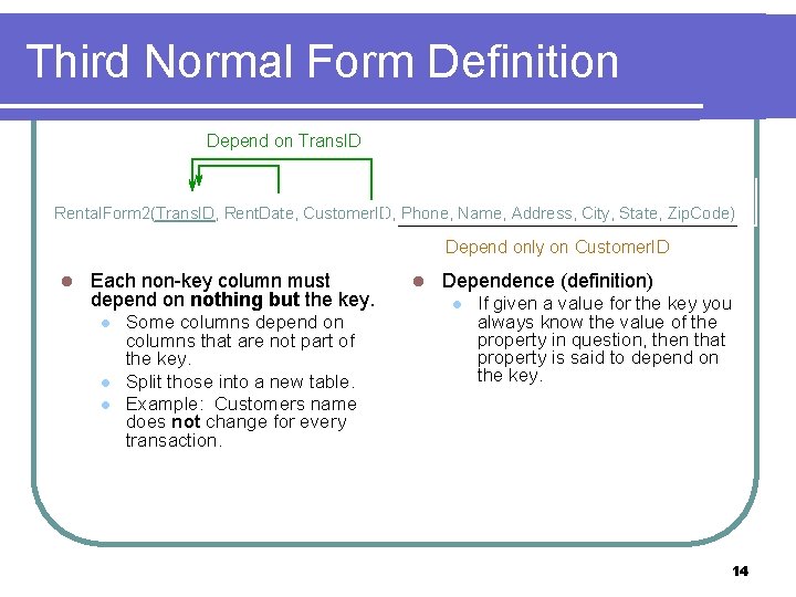 Third Normal Form Definition Depend on Trans. ID Rental. Form 2(Trans. ID, Rent. Date,