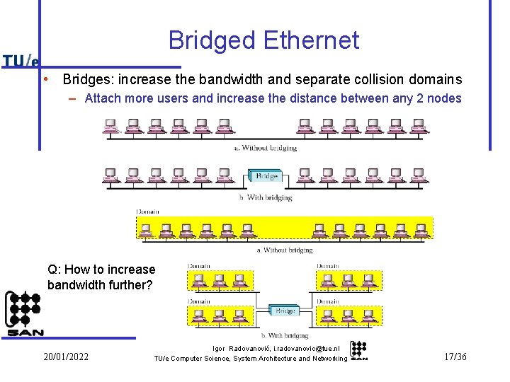 Bridged Ethernet • Bridges: increase the bandwidth and separate collision domains – Attach more