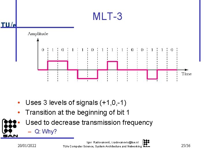 MLT-3 • Uses 3 levels of signals (+1, 0, -1) • Transition at the