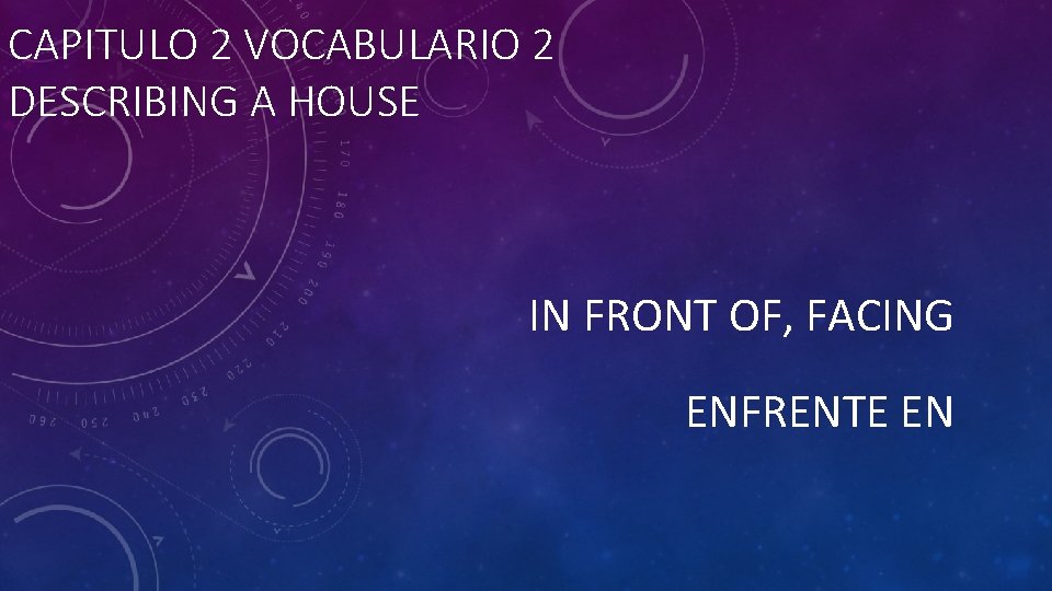 CAPITULO 2 VOCABULARIO 2 DESCRIBING A HOUSE IN FRONT OF, FACING ENFRENTE EN 