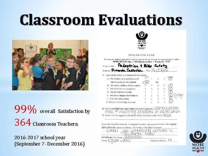 Classroom Evaluations 99% overall Satisfaction by 364 Classroom Teachers. 2016 -2017 school year (September