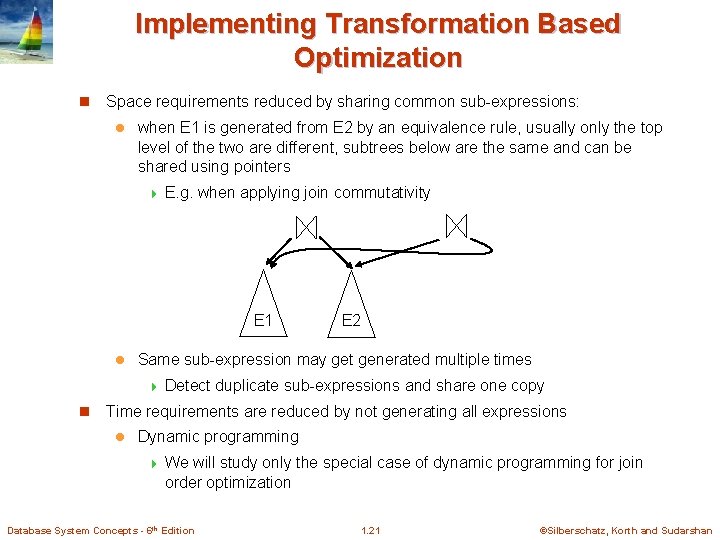 Implementing Transformation Based Optimization n Space requirements reduced by sharing common sub-expressions: l when