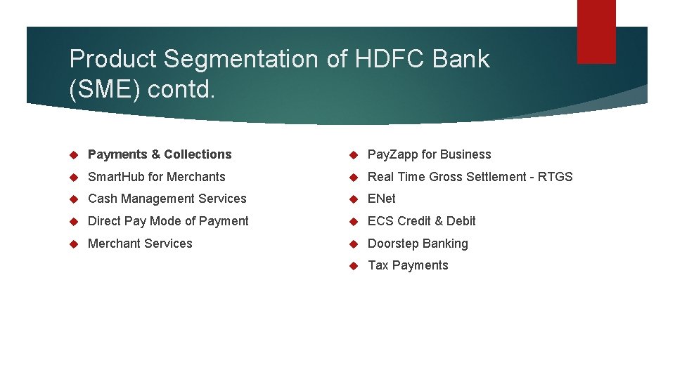 Product Segmentation of HDFC Bank (SME) contd. Payments & Collections Pay. Zapp for Business