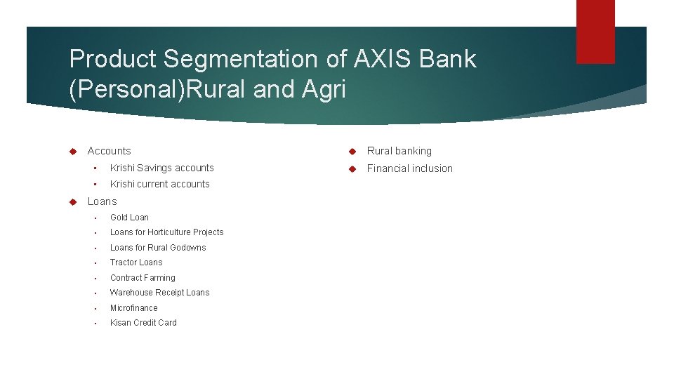 Product Segmentation of AXIS Bank (Personal)Rural and Agri Accounts • Krishi Savings accounts •