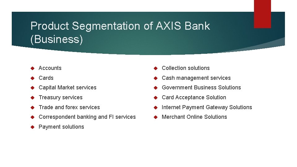Product Segmentation of AXIS Bank (Business) Accounts Collection solutions Cards Cash management services Capital