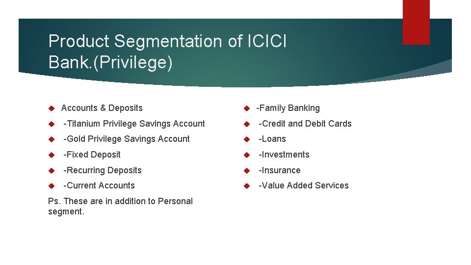 Product Segmentation of ICICI Bank. (Privilege) Accounts & Deposits -Family Banking -Titanium Privilege Savings