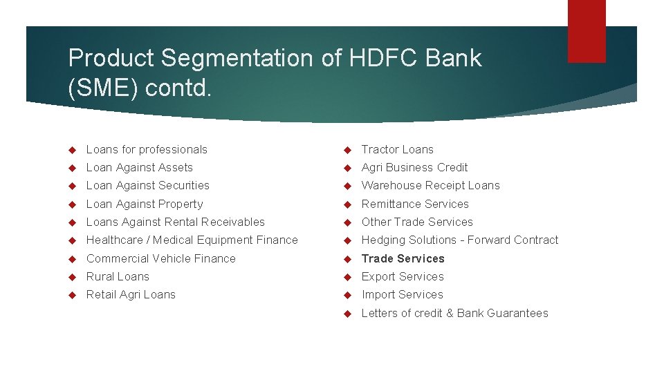 Product Segmentation of HDFC Bank (SME) contd. Loans for professionals Tractor Loans Loan Against