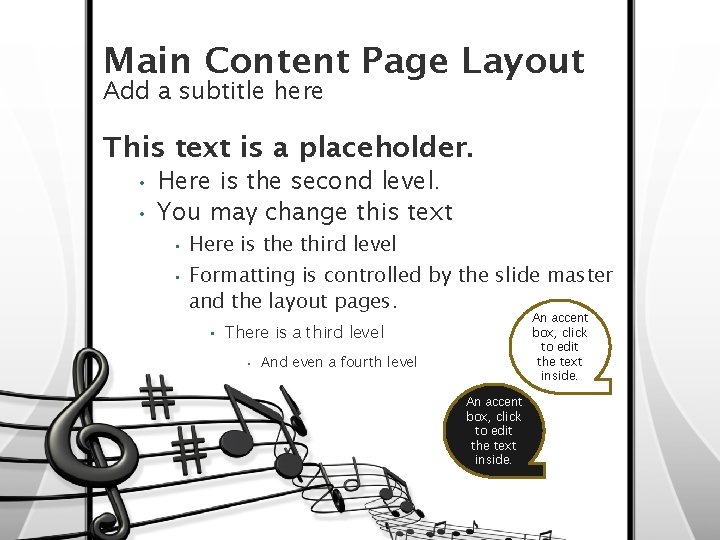 Main Content Page Layout Add a subtitle here This text is a placeholder. •