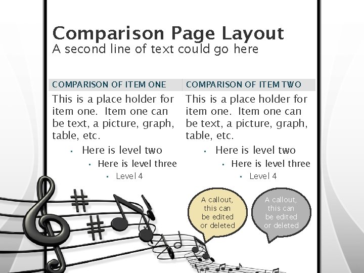 Comparison Page Layout A second line of text could go here COMPARISON OF ITEM