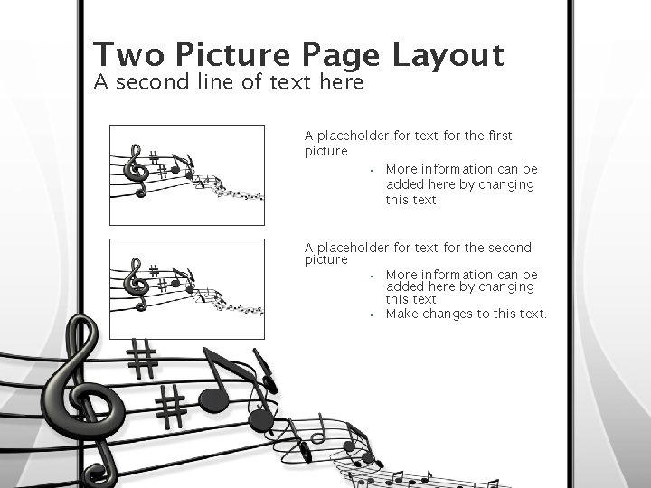 Two Picture Page Layout A second line of text here A placeholder for text