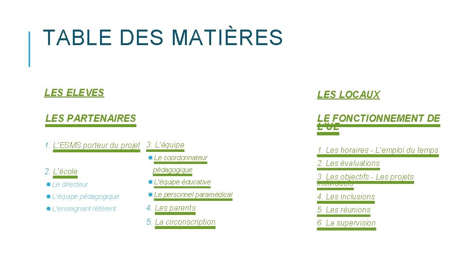 TABLE DES MATIÈRES LES ELEVES LOCAUX LES PARTENAIRES LE FONCTIONNEMENT DE L’UE 1. L’ESMS