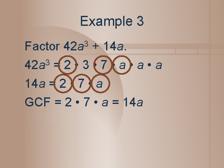 Example 3 Factor 42 a 3 + 14 a. 42 a 3 = 2