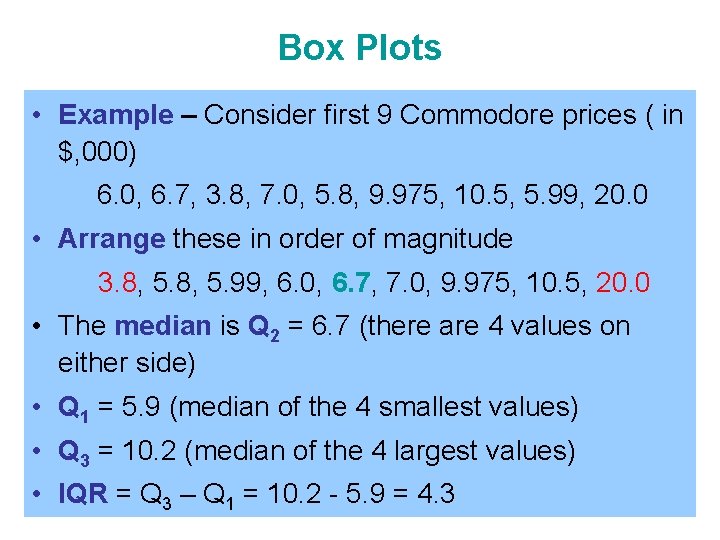 Box Plots • Example – Consider first 9 Commodore prices ( in $, 000)