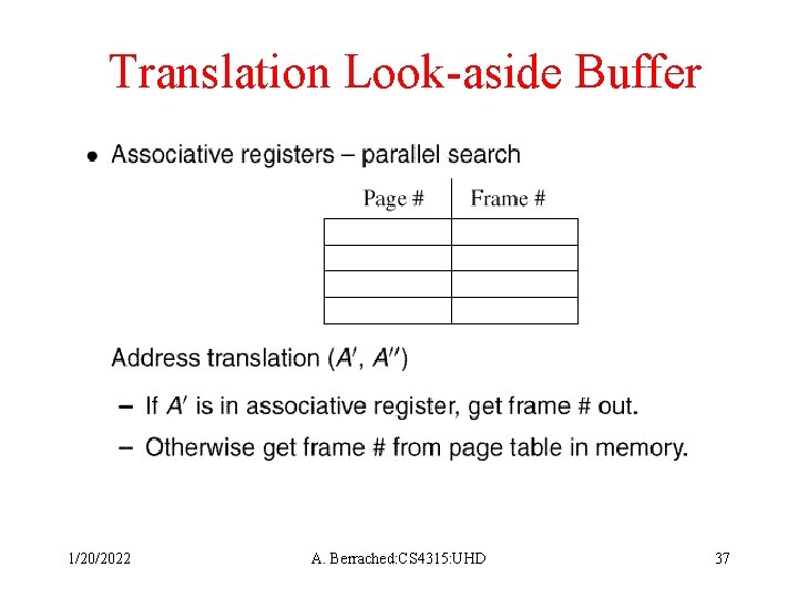 Translation Look-aside Buffer 1/20/2022 A. Berrached: CS 4315: UHD 37 