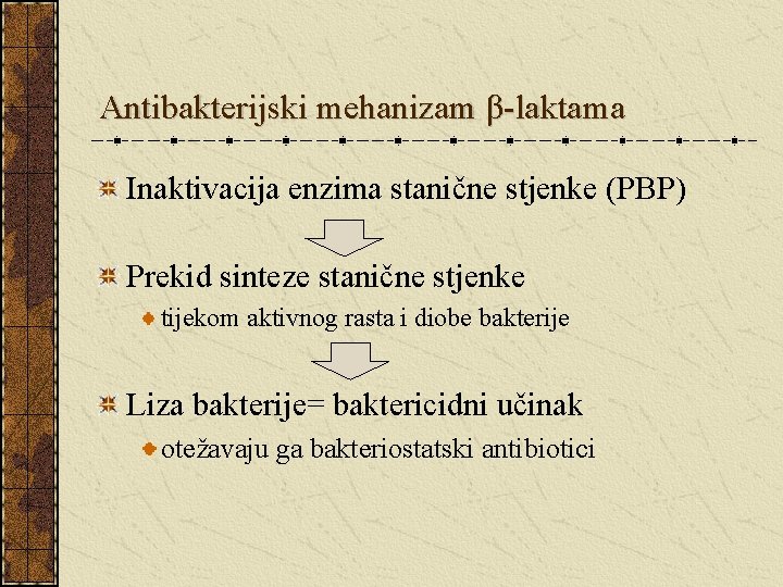 Antibakterijski mehanizam β-laktama Inaktivacija enzima stanične stjenke (PBP) Prekid sinteze stanične stjenke tijekom aktivnog