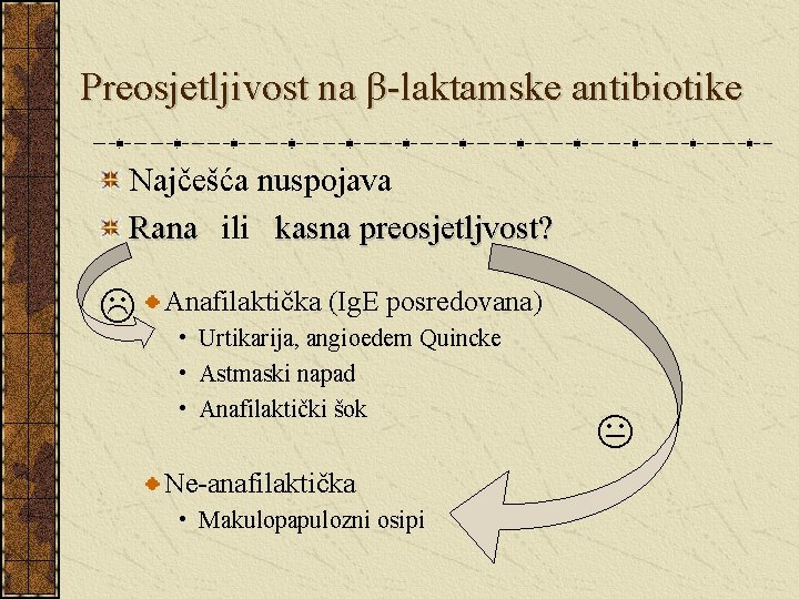 Preosjetljivost na β-laktamske antibiotike Najčešća nuspojava Rana ili kasna preosjetljvost? Anafilaktička (Ig. E posredovana)