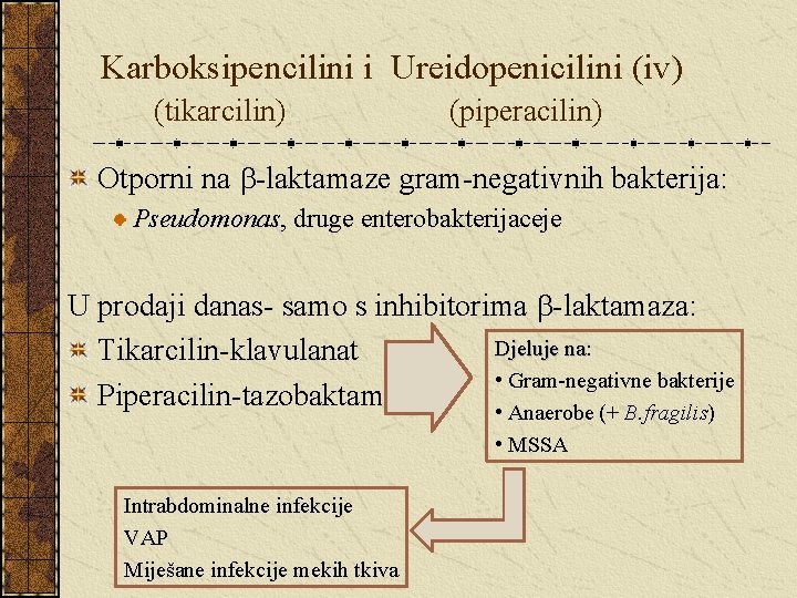 Karboksipencilini i Ureidopenicilini (iv) (tikarcilin) (piperacilin) Otporni na -laktamaze gram-negativnih bakterija: Pseudomonas, druge enterobakterijaceje