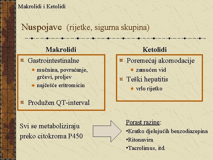 Makrolidi i Ketolidi Nuspojave (rijetke, sigurna skupina) Makrolidi Gastrointestinalne mučnina, povraćanje, grčevi, proljev najčešće