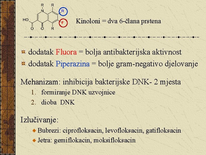 Kinoloni = dva 6 -člana prstena dodatak Fluora = bolja antibakterijska aktivnost dodatak Piperazina