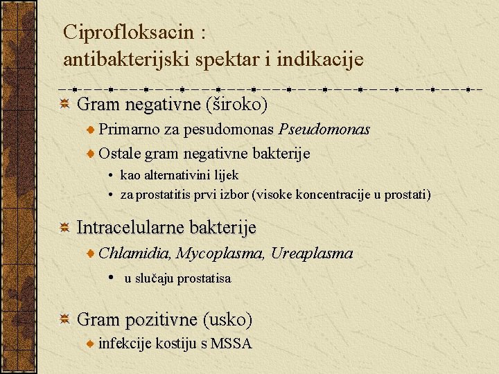 Ciprofloksacin : antibakterijski spektar i indikacije Gram negativne (široko) Primarno za pesudomonas Pseudomonas Ostale
