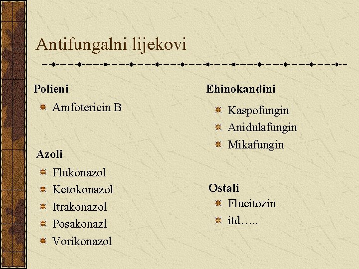 Antifungalni lijekovi Polieni Amfotericin B Azoli Flukonazol Ketokonazol Itrakonazol Posakonazl Vorikonazol Ehinokandini Kaspofungin Anidulafungin