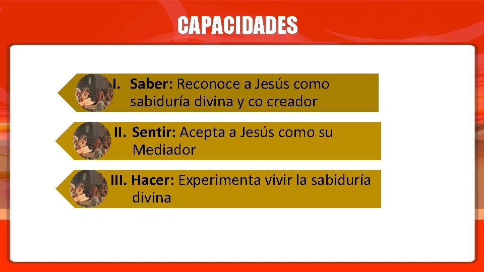 CAPACIDADES I. Saber: Reconoce a Jesús como sabiduría divina y co creador II. Sentir: