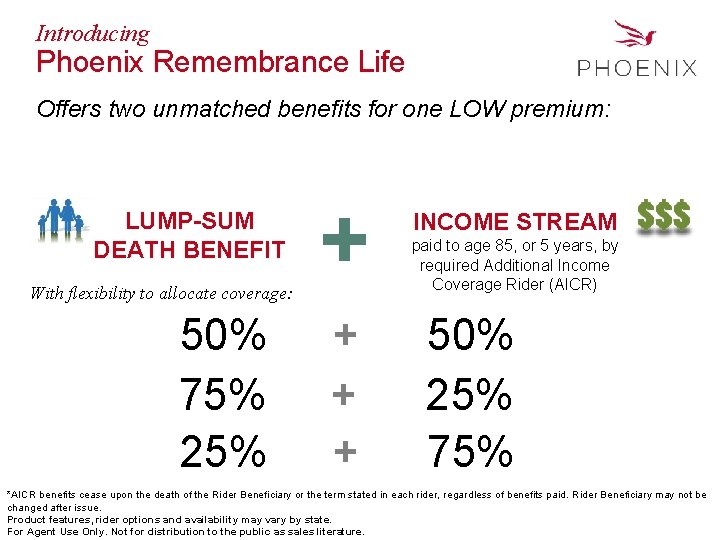 Introducing Phoenix Remembrance Life Offers two unmatched benefits for one LOW premium: LUMP-SUM DEATH