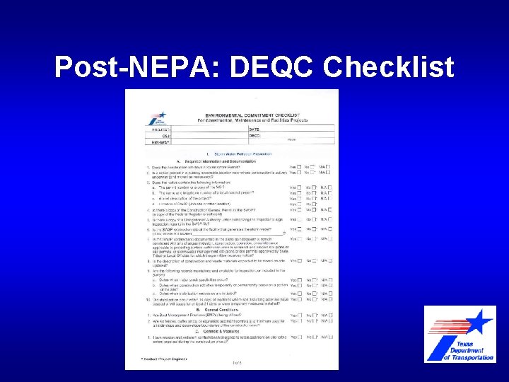Post-NEPA: DEQC Checklist 