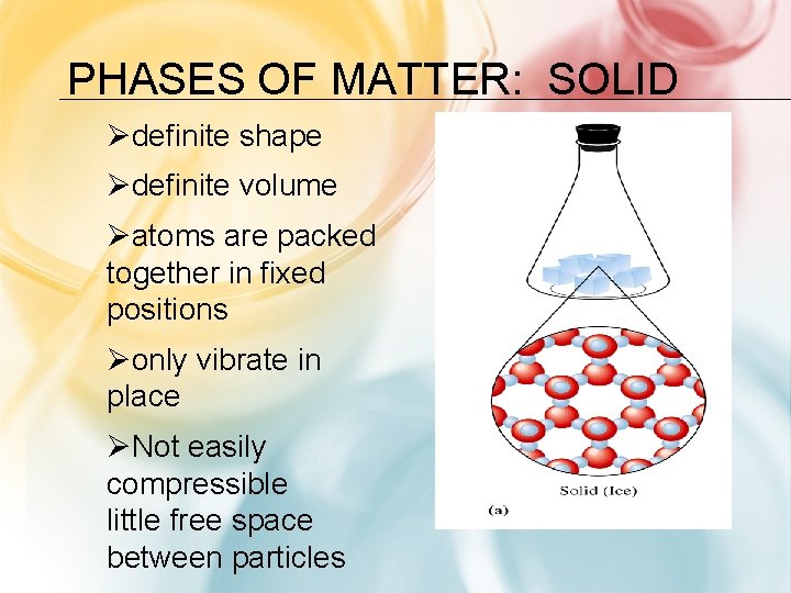 PHASES OF MATTER: SOLID Ødefinite shape Ødefinite volume Øatoms are packed together in fixed