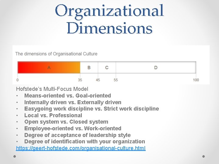 Organizational Dimensions Hofstede’s Multi-Focus Model • Means-oriented vs. Goal-oriented • Internally driven vs. Externally
