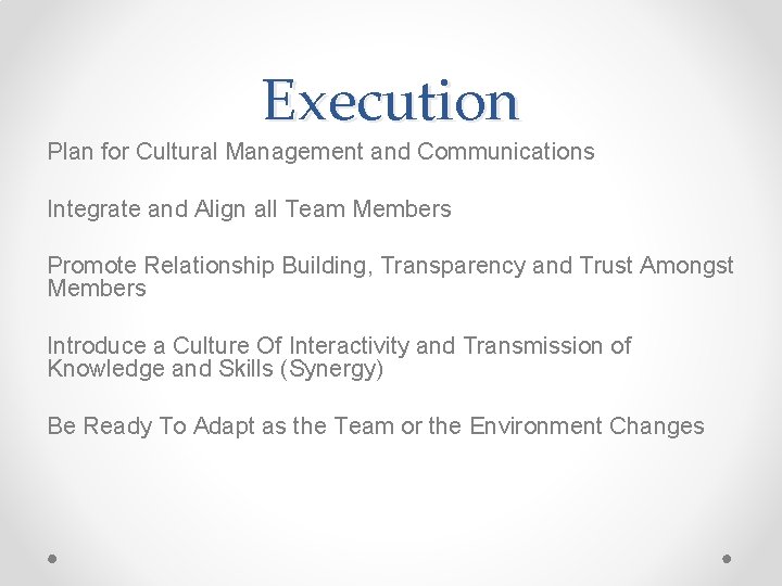 Execution Plan for Cultural Management and Communications Integrate and Align all Team Members Promote